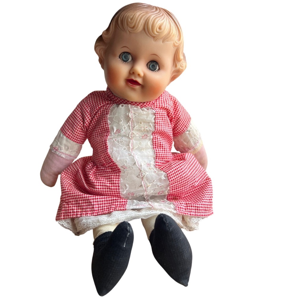 Vintage Doll Composition Baby Sleep Eyes Red Gingham Lace Dress Toy‎ Soft Body